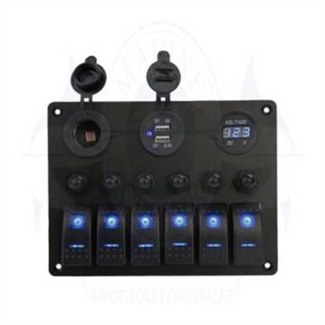 Painel em Alumínio 6 Botoes Voltímetro e USB 12V-24V